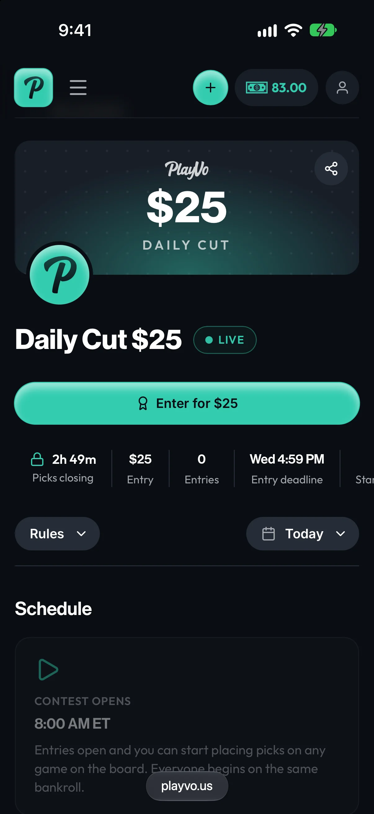 The $25 Daily Cut contest, live and open for entries, in the PlayVo app